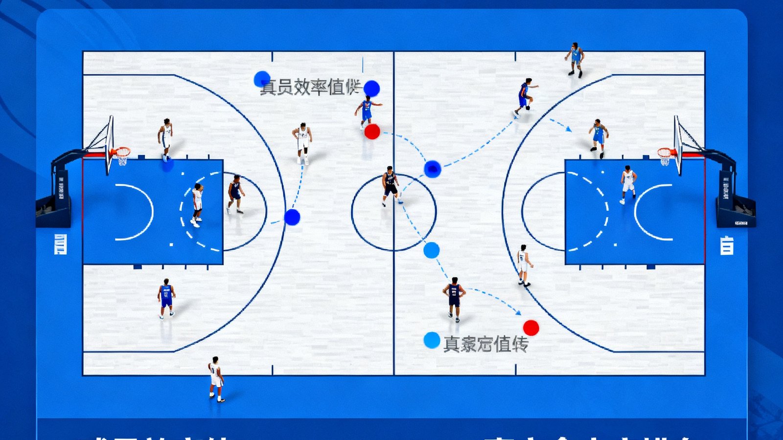 NBA赛季中期高阶数据解读文章配图，展示篮球场战术分析图，标注球员效率值和真实命中率排名